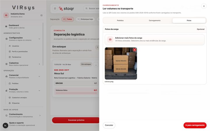 Tela do stoqr mostrando fluxo de carregamento no transporte com anexos fotográficos da carga.